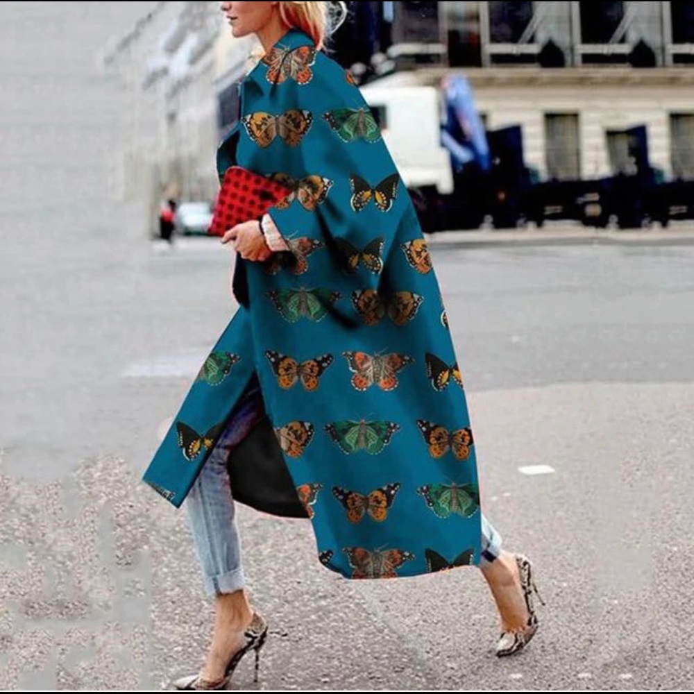Teal Geometric Print Trench Coat (Never Worn)